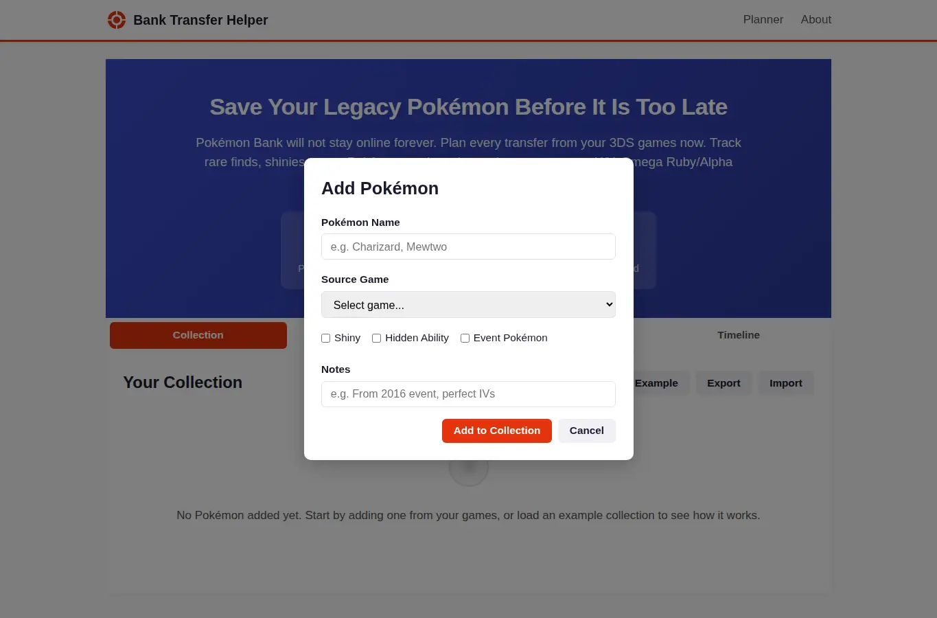 Screenshot of Pokémon Bank Transfer Helper interface showing the project page in use